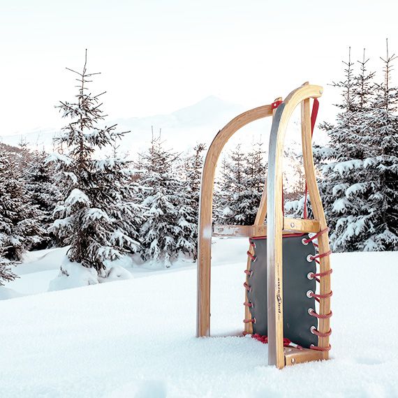 Ein senkrecht aufgestellter Schlitten in einer Schneelandschaft mit einem Wald im Hintergrund